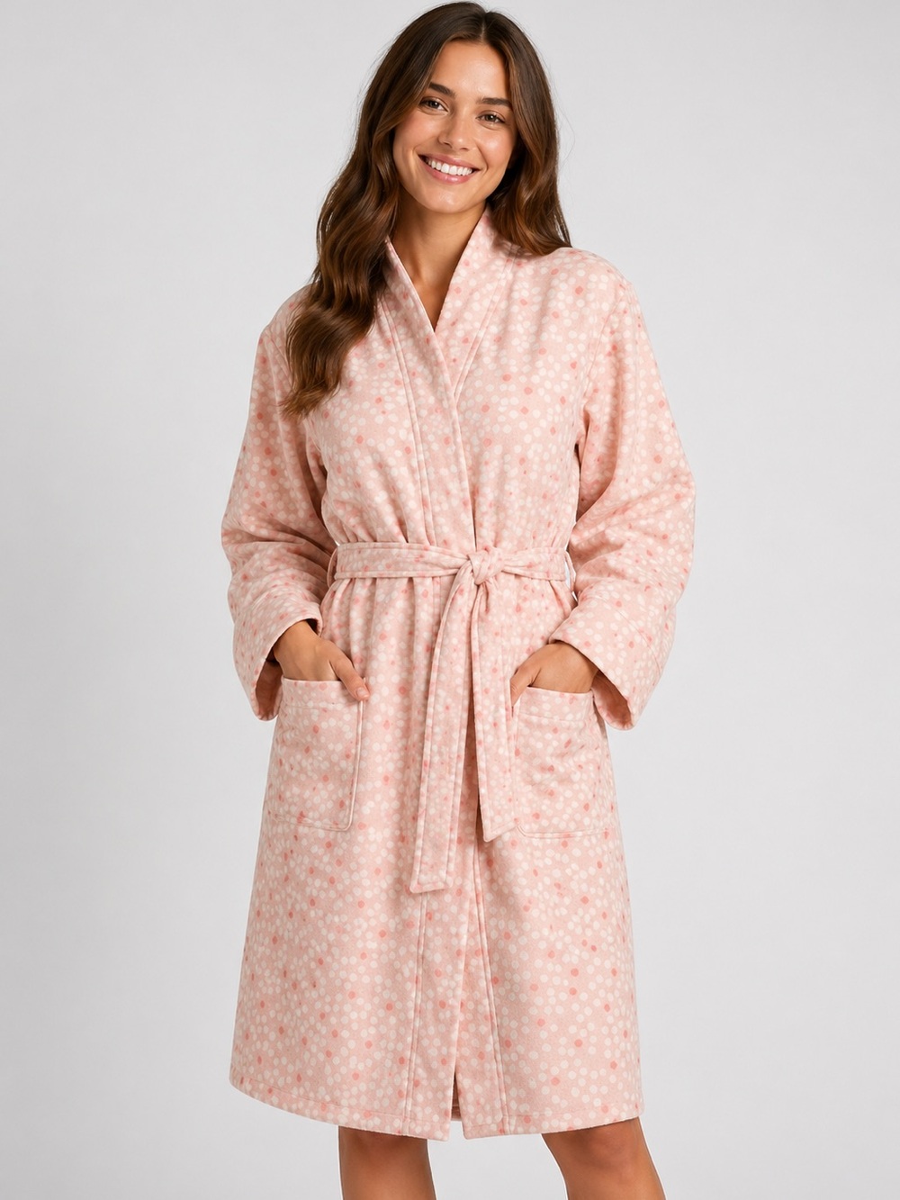 L/XL Dotted Bath Robe With Kimono Collar Pink - Room Essentias
